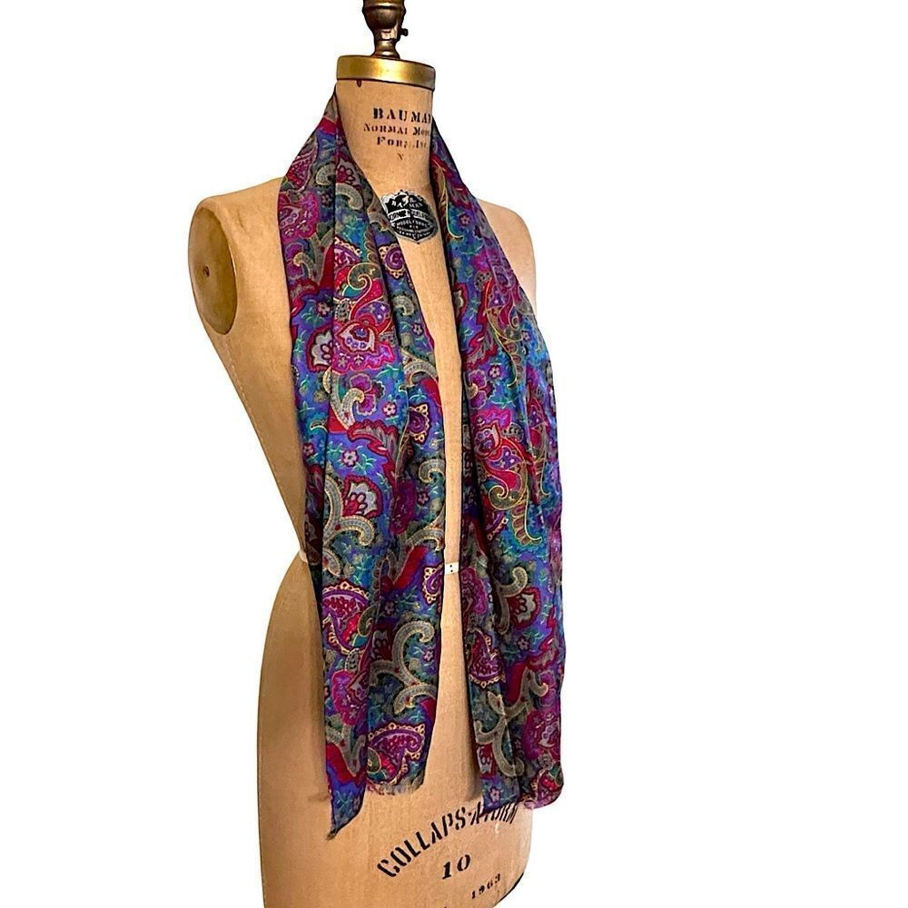 Vintage Greens and Pinks Paisley Silk long trimmed scarf